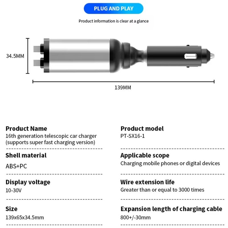 Bluejw 4-in-1 Fast Car Charger: Retractable Cables (Type-C PD, USB) - Automobile Chargers for Phones & Devices - Image 4